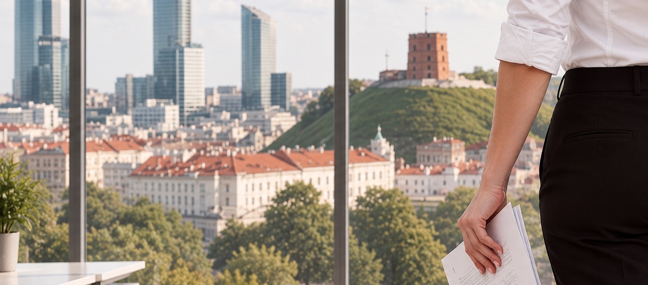 Vilniaus panorama su Gedimino pilies bokštu pro biuro langą